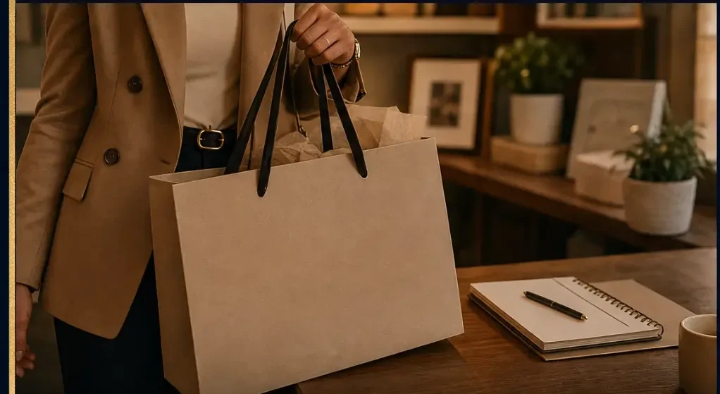 Personal operations management — organized workspace with shopping bags