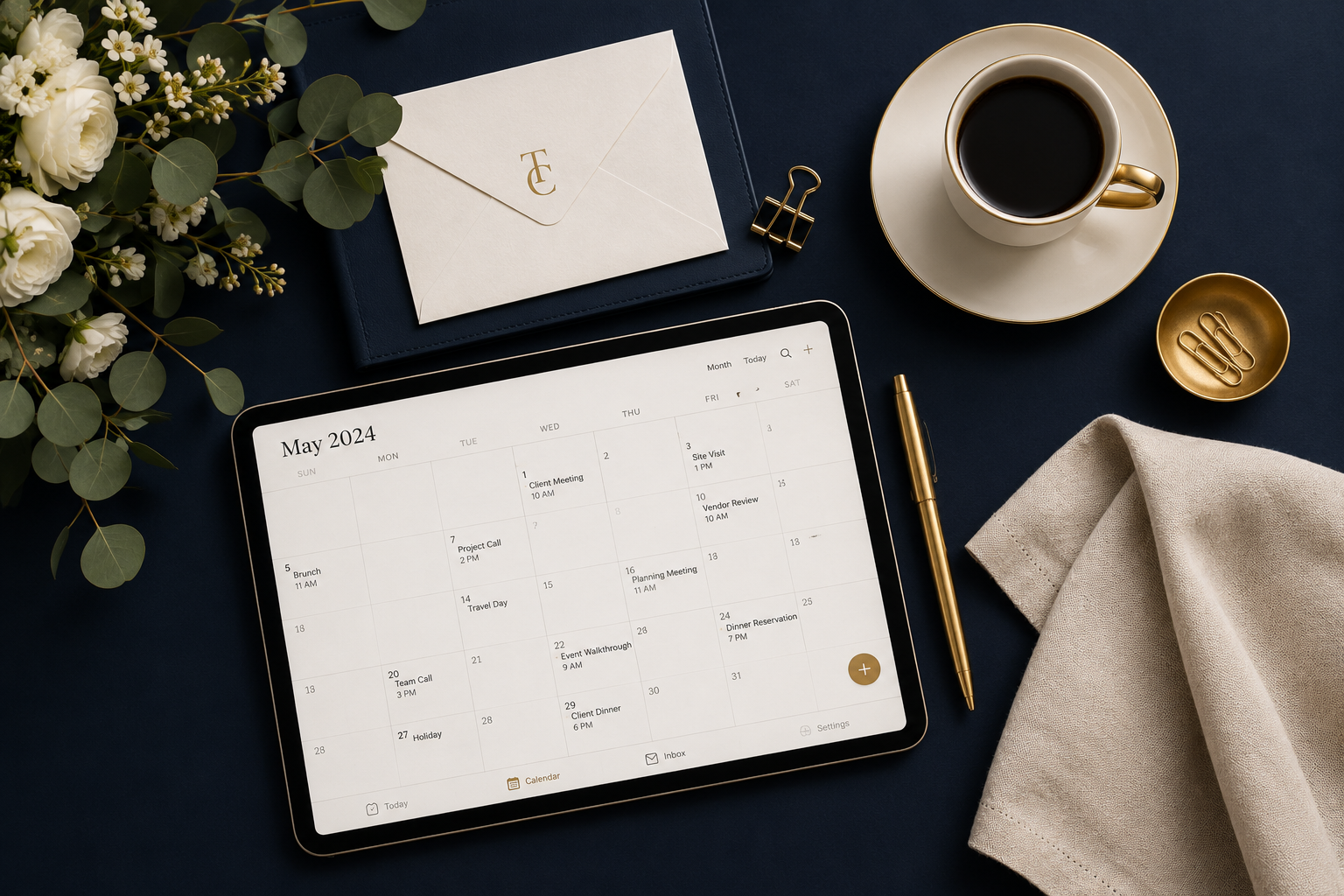 Event planning and concierge services — tablet with calendar, coffee, flowers and stationery